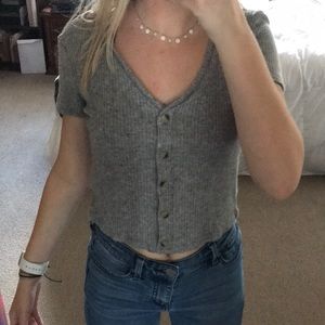 grey button down crop top